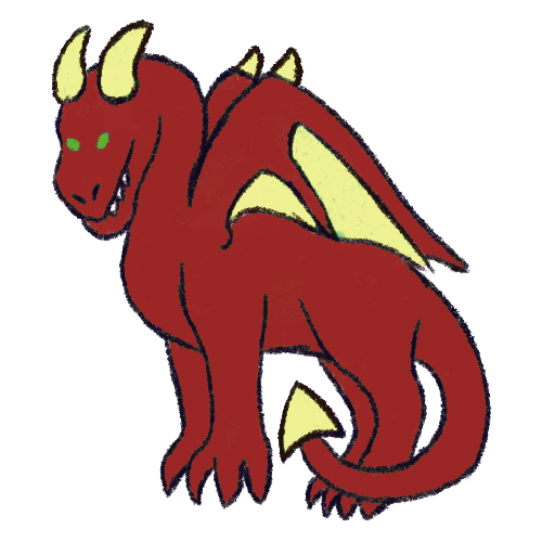 A drawing of a red dragon with wings, light yellow horns, and green eyes.